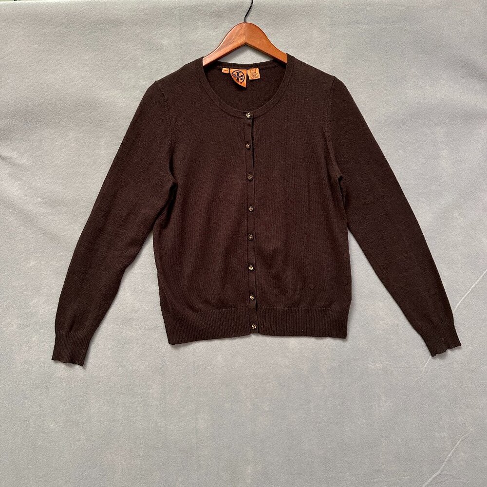 Tory Burch Cardigan Sweater Womens Medium Brown Lightweight Casual